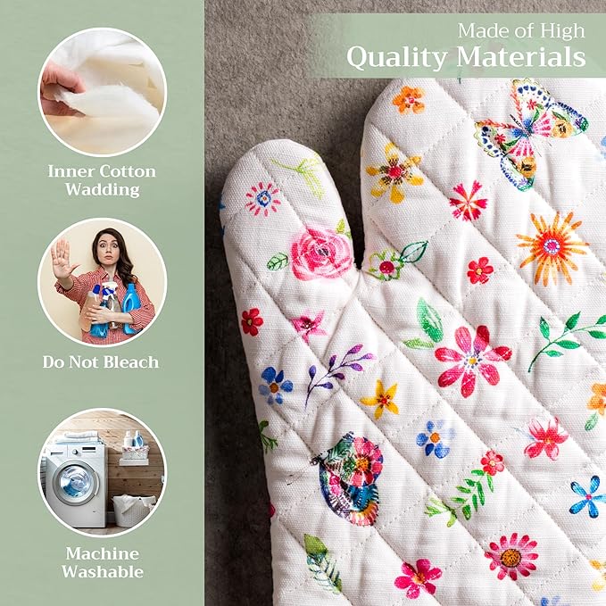 Maison d'Hermine Oven Gloves 100% Cotton Oven Mitt 7" x 13" with Loop Heat Resistant BBQ Cooking Gloves Baking Grilling Gifts for Mothers Day Spring/Summer (Pack of 1, Happy Florals - Sweety)