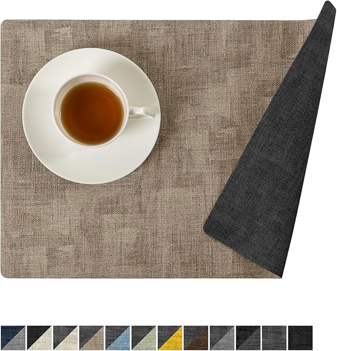 Romanstile Vinyl Placemats Set of 8-12x17 Inch, Reversible Waterproof Washable Non Slip Table Mats, Faux Leather Heat Resistant Wipeable Table Placemats for Dining/Party/Indoor/Outdoor, Grey-Khaki