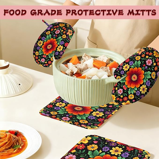 Vintage Colorful Floral Mexican Oven Mitts and Pot Holders (4PCS),Heat Resistant Non-Slip Silicone Kitchen Gloves for Cooking, Baking, BBQ Waterproof Kitchen Accessories