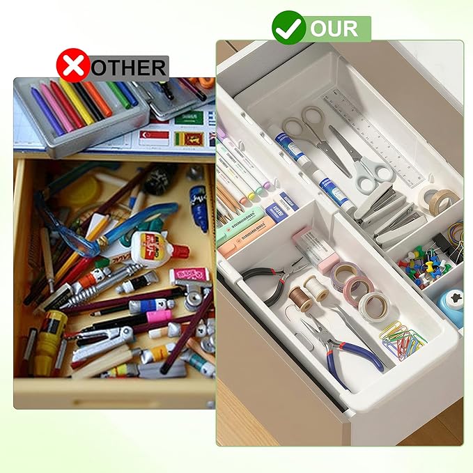 2 Pack Expandable Hanging Drawer Organizer with Removable Dividers, Adjustable Deep Drawer Organizer Tray 11.4–18Inch for Kitchen, Makeup, Bathroom, Desk Drawer Storage