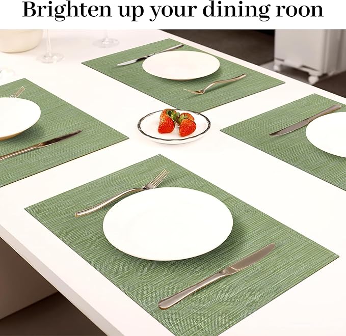 Bloss Placemats Set of 4 Green, Table Mats Set of 4, Linen Woven Placemats for Kitchen Table Indoor/Outdoor, 12" x 18" Washable Place Mats