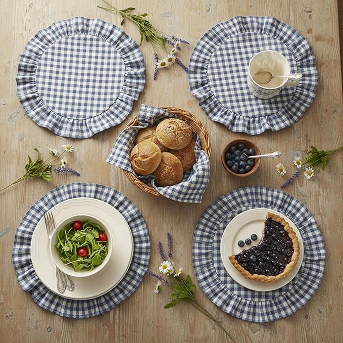 4 Pcs 15 Inch 100% Cotton Scalloped Round Placemats, Thin Light Blue Plaid Place Mats with Ruffle, Washable Placemats Table Mats for Kitchen Dining Holiday Gatherings Decor(Gingham)