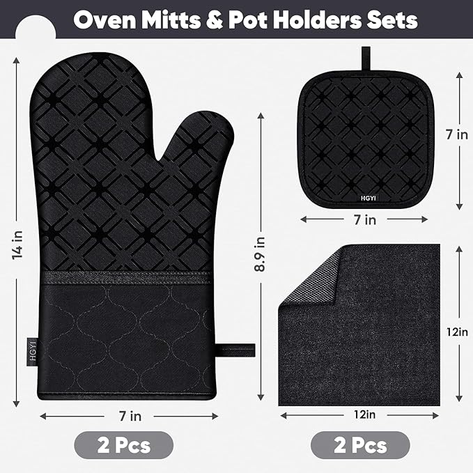 Oven Mitts and Pot Holders Set with Dishcloths, 500 Degree Heat Resistant Oven Gloves and Hot Pads, Premium Soft Cotton Kitchen Mittens and Dish Cloth Sets-Black