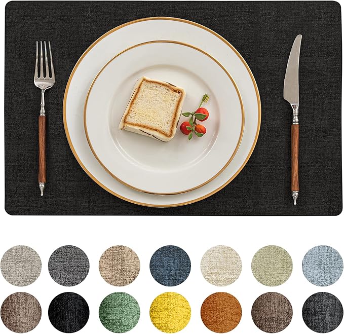 Romanstile Vinyl Placemats Set of 8-12 X 17 Inch - Faux Leather 100% Waterproof Oil-Proof Wipeable Place Mats, Heat Resistant Reversible PU Table Mats for Kitchen Dining Party Outdoor, Black