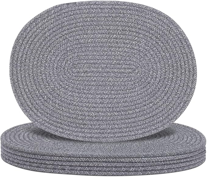 Oval Woven Placemats Set of 6, Boho Cotton Rope Braided Table Mats, 17x13 Inches Non Slip Heat Resistant Place Mats for Dining Room, Thick Hot Pads for Farmhouse Kitchen Table Decor. (Gray)