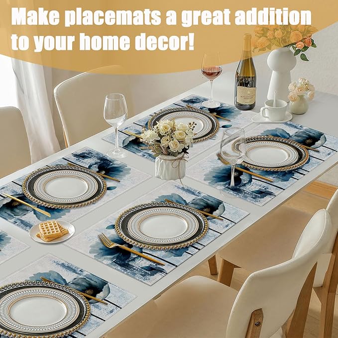 Blue Poppy Flower Placemats Set of 6, Linen Place Mat Washable Stain Resistant Table Mats for Farmhouse Kitchen Dining Holiday Party Wedding Decor 12x18 Inch