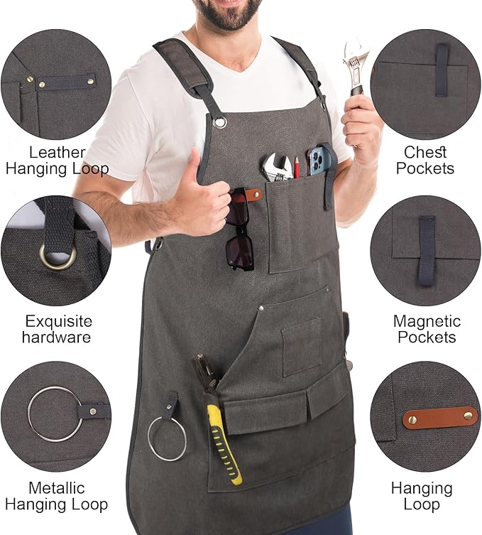 Men's Canvas Tool Apron, Heavy Duty Multi-Pocket Work Apron for Woodworking Gardening Bartender Adjustable Straps