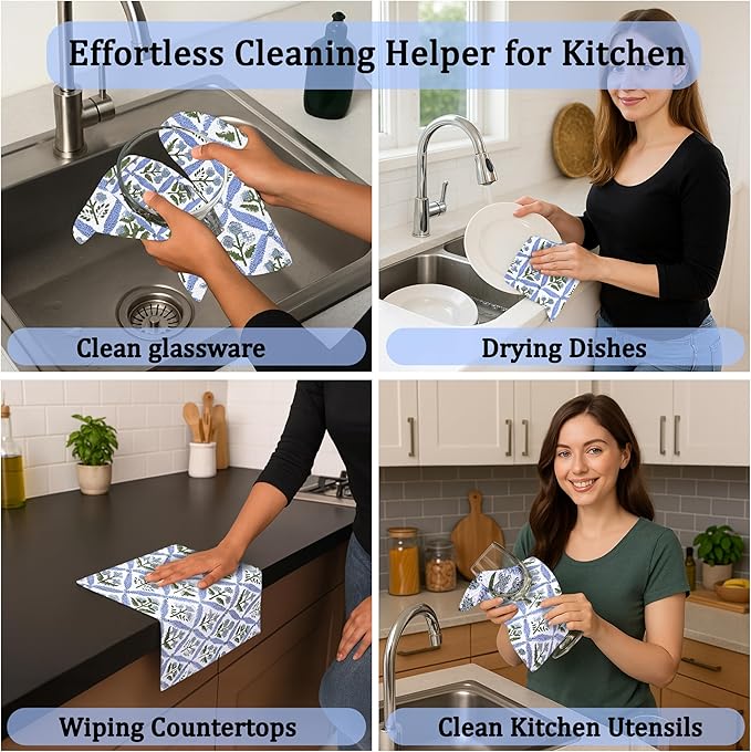 Ridhi Light Steel Blue Hand Block Print Cotton Waffle Dish Cloth Set of 12-12x12 Inch Super Absorbent, Soft, Reusable Kitchen Towels for Dish Drying Cleaning, Ideal for for Spring, Easter, Valentine