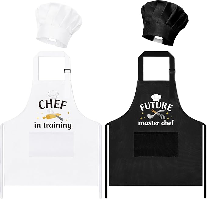 GROBRO7 4Pcs Kids Apron and Chef Hat Set Gift for Boys Girls, Chef in Training Future Master Chef Pattern Adjustable Kitchen Apron with 2 Pockets Waterproof Smocks for Baking Cooking Painting Training