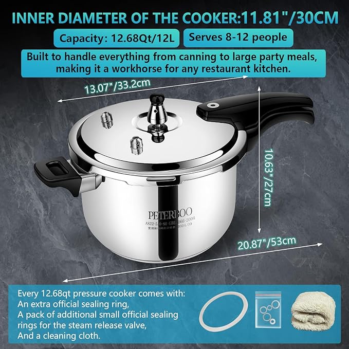 Premium 12 Quart Stainless Steel Pressure Cooker, Commercial Grade Luxury Cookware, Brand Quality Durability, Professional Performance for Large Families & Events