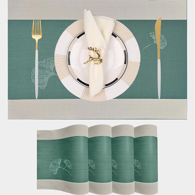 PIGCHCY Ginkgo Placemats Set of 4, Non-Slip Placemats Easy to Wipe Clean Kitchen Durable Table Mats for Home/Dining Room Decoration (Green,18 X 12 inches)