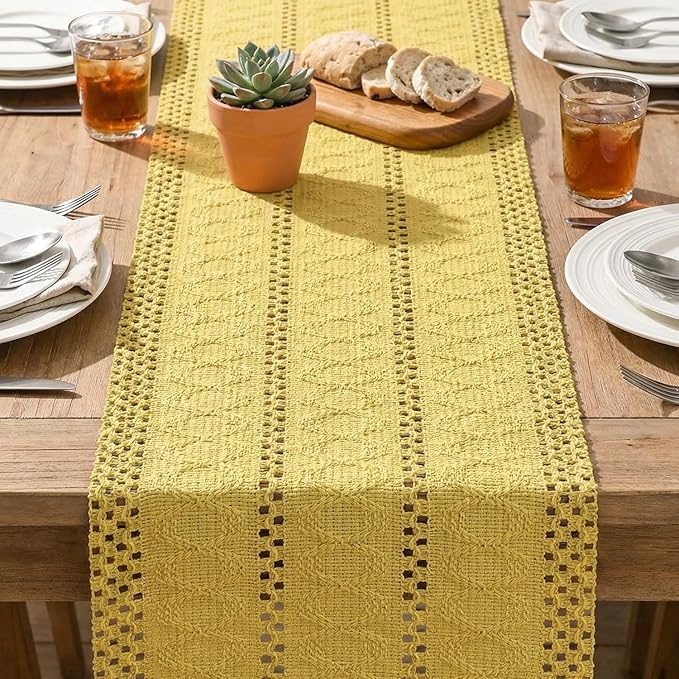 Artoid Mode Yellow Farmhouse Woven Rustic Hollow Table Runner, Seasonal Holiday Hollow Kitchen Dining Table Decoration for Home Party Decor 12x48 Inch