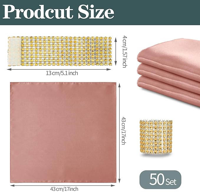 RUDONG M 100 Pcs Rose Gold Satin Napkins and Napkin Rings Set, 17 x 17 Inch Square Cloth Napkins Set of 50, Silky Soft Table Napkins Bulk for Weddings, Banquet, Parties Dinner Decoration