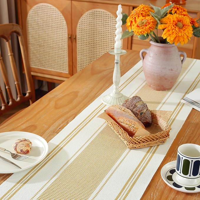 Niviy Gold Table Runner with Tassels, 90 Inches Long Farmhouse Macrame Cotton Linen Woven Runners for Summer Home Decor, Gold Table Decorations for Event Party, Christmas (Yellow, 12"×90")