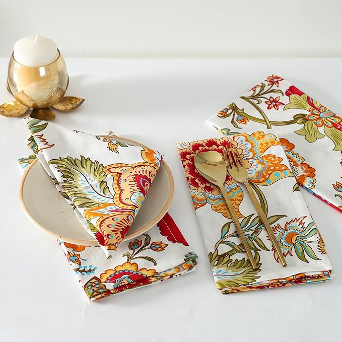 TARAN LIVING Cotton Cloth Napkins Fall Dinner Napkin Set Reusable Machine Washable Dish Cloth for Valentine Gift Party, Craft, Home Decor - Set of 4, 20x20 Inches