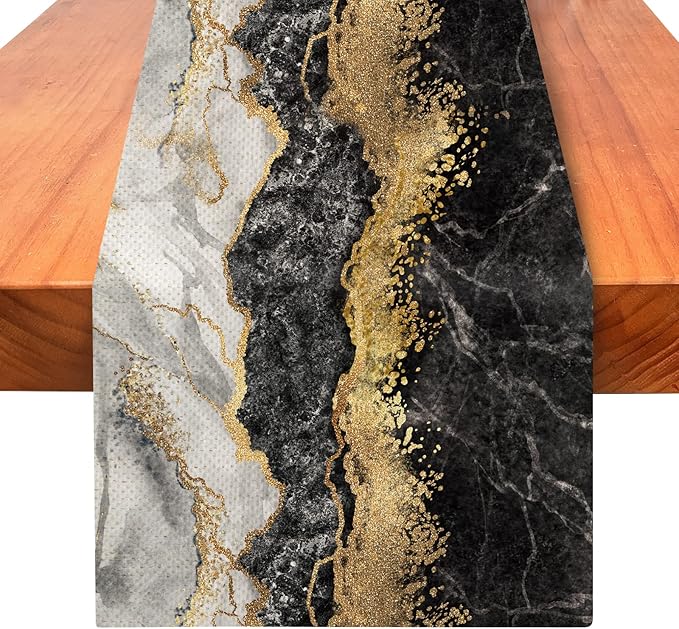Marble Table Runner 72 Inches Long, Ink Golden Marble Texture Table Runner Dresser Scarves, Rustic Burlap Dining Room Table Decor for Kitchen Wedding Farmhouse Indoor Outdoor Home Party