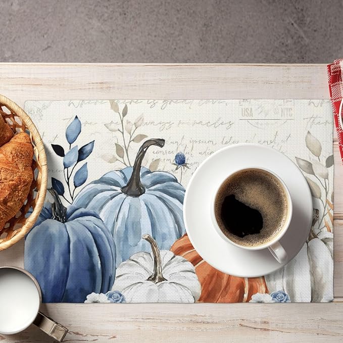 Fall Placemats Set of 4 Blue Orange Pumpkin Leaves Decor Place Mats 12x18 Inch Autumn Leaf Harvest Thanksgiving Decorative Linen Table Mats for Home Kitchen Dining Party Table Decoration