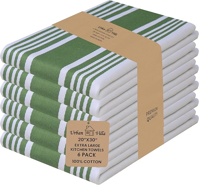 Urban Villa Kitchen Towels 100% Cotton Dish Towels for Kitchen (Set of 6)20”x30” Dish Cloths Highly Absorbent Kitchen Linen Set with Hanging Loop Perfect for Drying Dishes Cleaning Towels-Green White