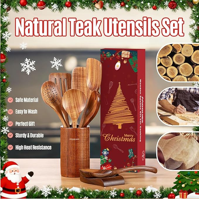 Mooues Wooden Spoons for Cooking, Wooden Utensils for Cooking Natural Teak Wooden Kitchen Utensils Set Comfort Grip(9 PCS Xmas Gift)