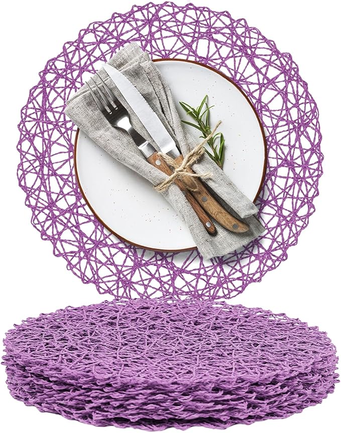 AHHFSMEI Paper Braided Round Placemats Set of 8 Natural Non-Slip Heat Resistant Table Mats for Dining Tables Woven Indoor Outdoor Place mats(Purple,8)