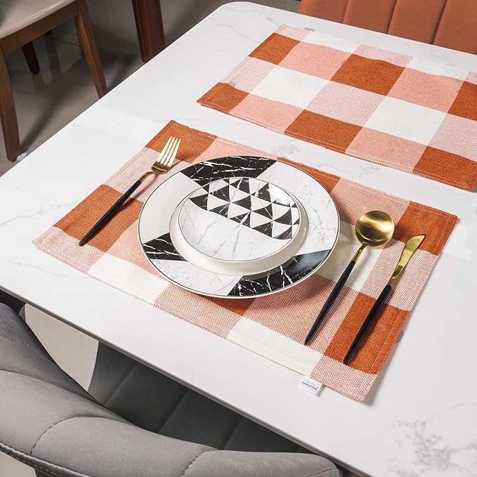 Orange Placemats Set of 4, Linen Buffalo Plaid Double Layer Spring Placemats Check Kitchen Table Mats,Waterproof Heat Resistant Durable Cloth Washable Placemats 12 x 18 Inches