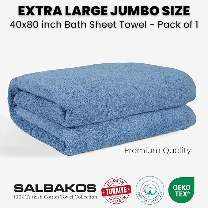 SALBAKOS Luxury 100% Turkish Cotton Bath Sheets 40x80 in Oversized Extra Large Bath Towels | Premium Hotel Quality Thick Soft Absorbent Turkish Towel for Spa Beach (Pack of 1, Blue, Jumbo Bath Sheet)