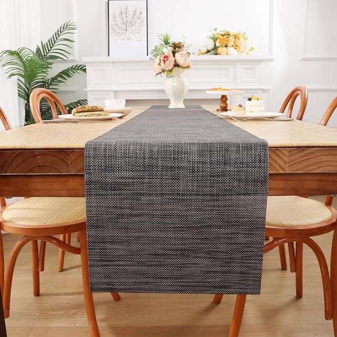 SHACOS Woven Vinyl Table Runners 12 x 54 inch Wipeable PVC Weave Table Runner Heat Resistant Runner for Dining Table Indoor Outdoor, Dark Gray