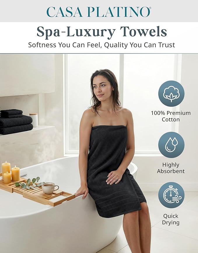 CASA PLATINO 100% Cotton Towel Set for Bathroom - 12 Piece - Super Soft, Hotel Quality - 4 Bath, 4 Wash Cloths, 4 Hand Towels for Bathroom - Classic, Best Value Pack, Ideal for Spa & Daily Use - Black