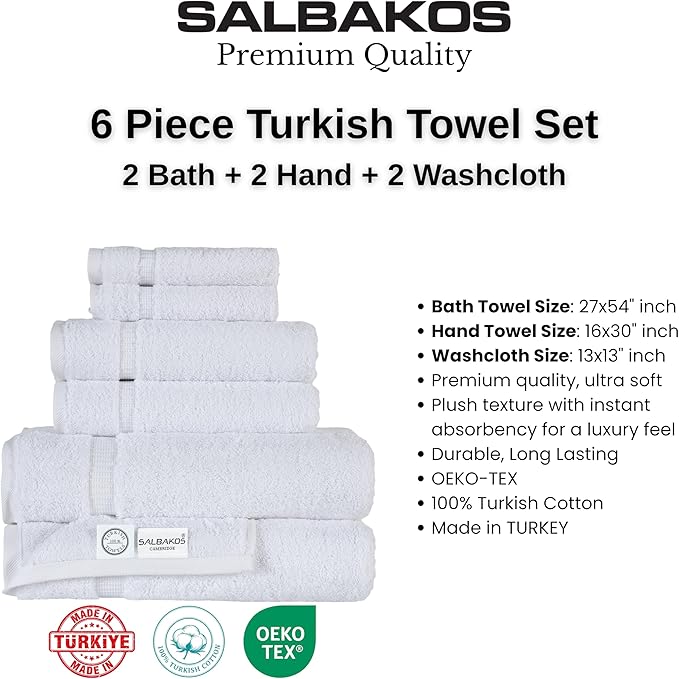 SALBAKOS 100% Turkish Cotton Bathroom Towel Set of 6 White | Premium Quality Turkish Towel Set for Gift | Hotel Collection Bath+Hand+Washcloth Towel Sets | Made in Turkey (White, 6 Piece Towel Set)
