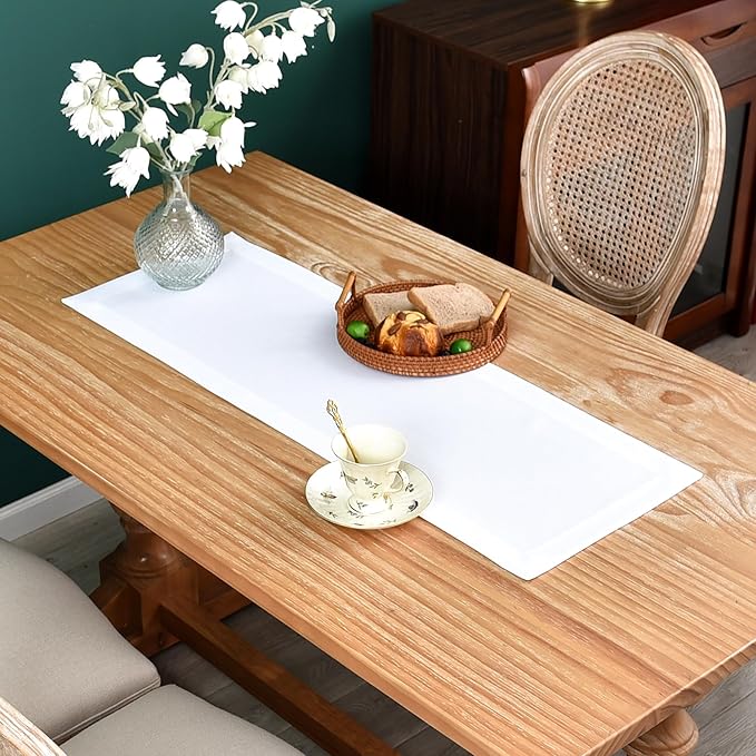 NEWISHER Farmhouse Rustic Table Runner Solid White Rectangular Table Runners Faux Linen Table Runner for Everyday Use Kitchen Dining Party Table 13x36 Inch