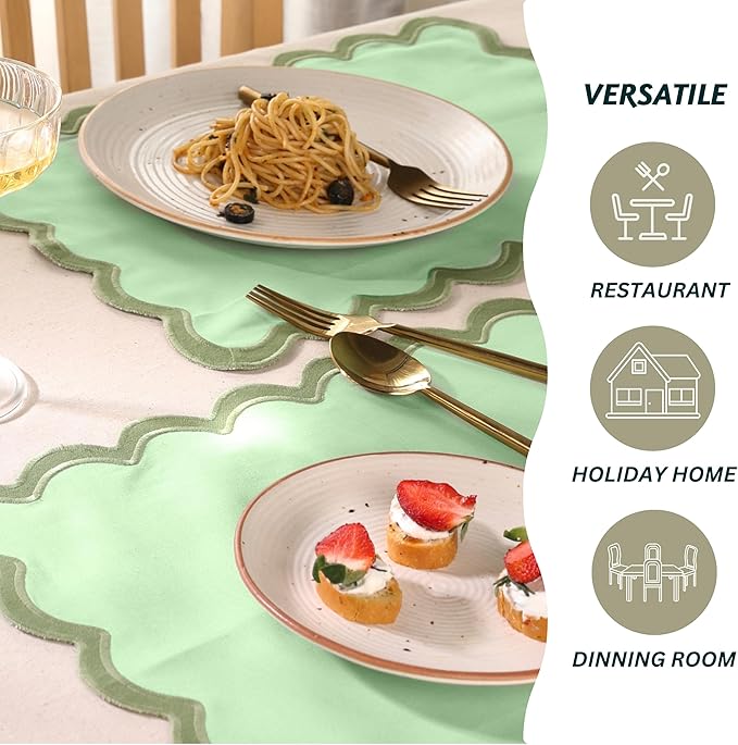 Folkulture Placemats Set of 4 (13 x 19) |100% Cotton, Green Cute Placemats for Dining Table Decor, Party Decorations | Scalloped Place Mats or Heat Resistant Table Mats