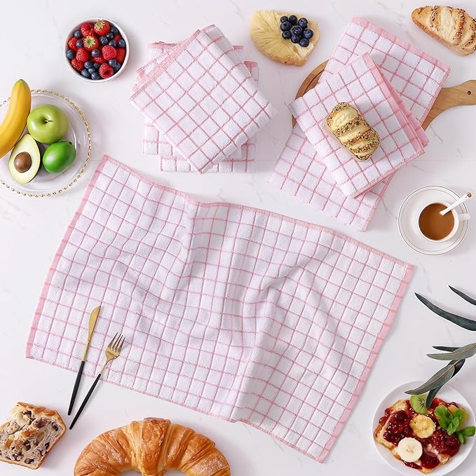 Homaxy Premium Kitchen Towels(16”x 28”, 8 Pack), Large Ring Spun Cotton Dish Towels, Super Absorbent Soft Terry Kitchen Hand Towels, Check Design Tea Towel Set with Hanging Loop, Pink