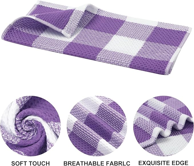 Mordimy 100% Cotton Waffle Weave Kitchen Towels, 13 x 28 Inches, Super Soft and Absorbent Buffalo Check Dish Towels for Drying Dishes, 4-Pack, White & Purple