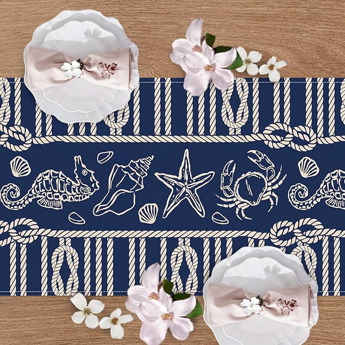 Navy Blue Nautical Dining Table Runner, Coastal Beach Ropes Starfish Crab Seahorse Conch Shell Burlap Kitchen Decoration, Ocean Marine Life Indoor Outdoor Home Decor Party Supply 13 x 108 Inches