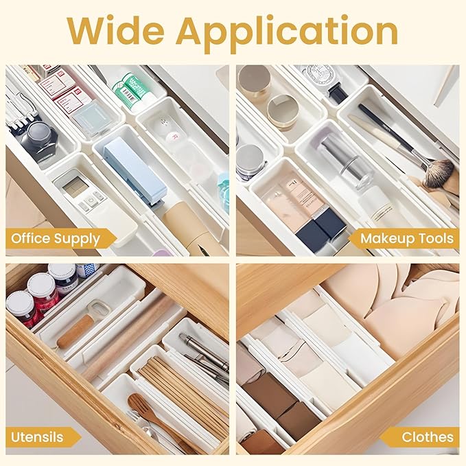 Drawer Organizers Set | 4-Pack Expandable Drawer Dividers for Bedroom, Bathroom, Kitchen & Office | Plastic Drawer Trays with Adjustable Length (White)