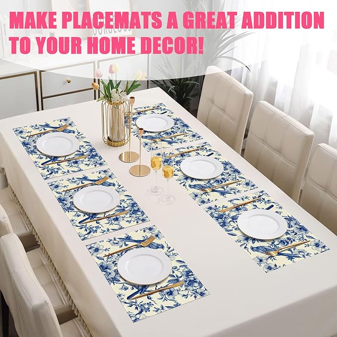 Spring Vintage Bird Flower Placemats Set of 6,12x18 Inch Navy Blue Chinoiserie Linen Place Mat Table Mats for Seasonal Farmhouse Kitchen Party Home Decor