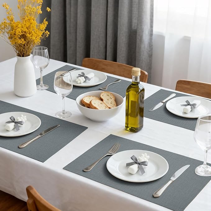 Placemats Set of 6 Linen Type Fabric Cloth Placemats, 18x12 Inch Double Layered Thick Wrinkle Free Heat Resistant Table Place, for Dining, Kitchen, Party (45 * 30cm, Gray)