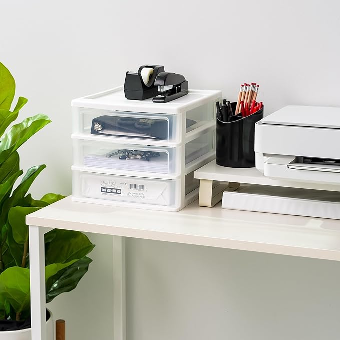 IRIS USA Medium 3-Drawer Stacking Desktop Organizer, 1 Pack, Plastic Drawer Storage Container for Stationery Art Craft Supplies Kitchen Office Garage and Small Business Organization, White