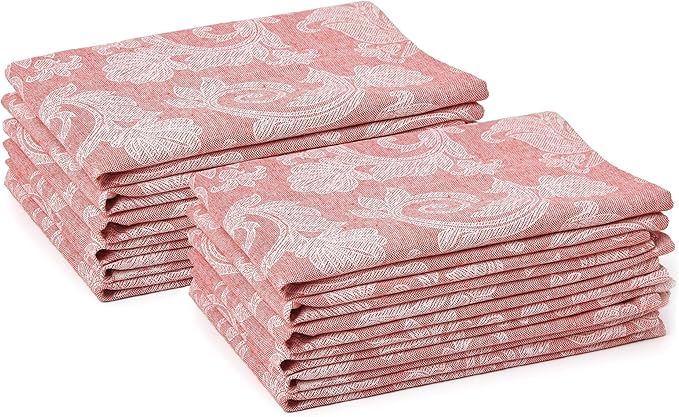 Encasa XO Red Cloth Napkins Set of 12, 18x18 in | Floral Jacquard Homespun Cotton Dinner Napkins | Washable & Reusable Wedding Napkins for Holiday Dining, Parties, & Everyday Table Décor
