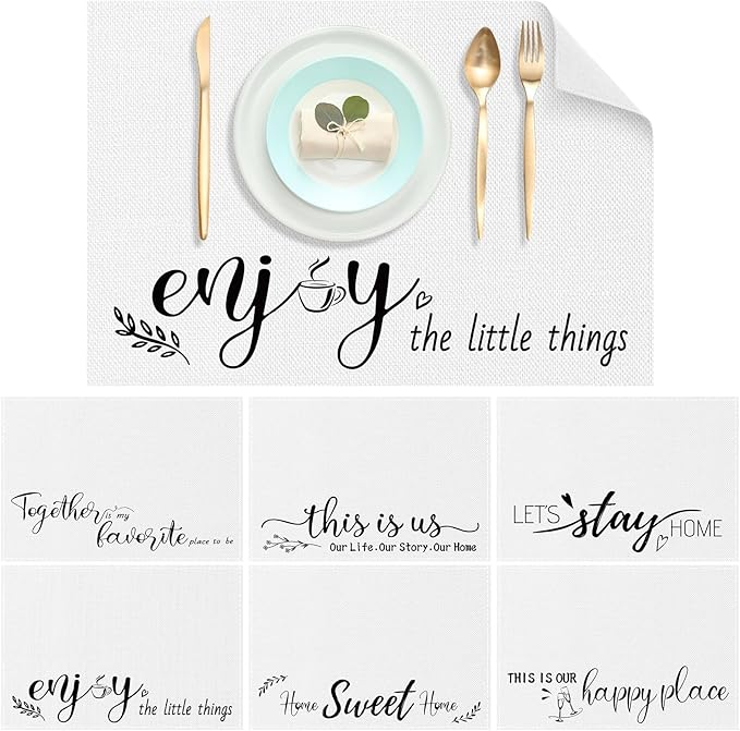 Farmhouse Placemats Set of 6 Linen Placemats 18x12'' Rustic Table Mats with Sayings Housewarming Gifts Country Tablemats Washable Cloth Place Mats for Farmhouse Table Setting(White)