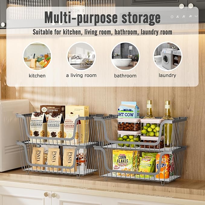 GAOKASE 4 Pcs Stackable Wire Baskets for Pantry Organizers and Storage,Vegetable Fruit Basket for Countertop,Kitchen Storage Metal Baskets,Produce Potato Onion Storage Bin,Gray