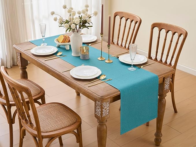 YATOJUZI Teal Table Runner Seasonal Summer Kitchen Dining Coffee Table Decoration 55 Inches Long Waterproof Turquoise Farmhouse Rustic Table Runner Home Wedding Party Decor 16x55Inch