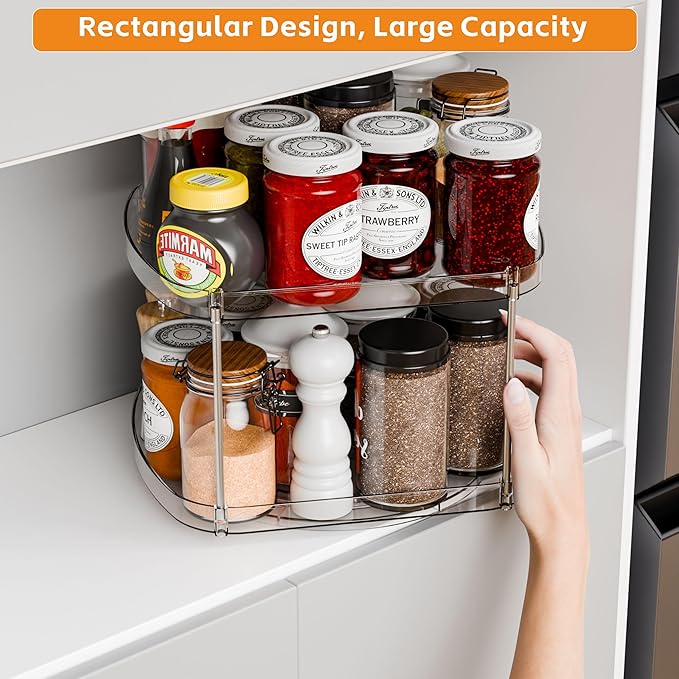 Yieach 2 Tier Pantry Lazy Susan Organizer,12″x10″ Square Turntable Organizers for Kitchen Cabinets & Pantry Storage,Tiered Spice Rack,Jars,Canned Goods,Seasoning Shelf,Can Organizer for Inside Cabinet