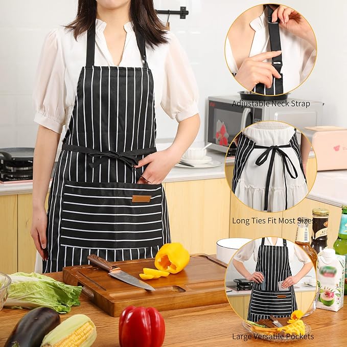 Tosewever 2 Pieces Kitchen Cooking Aprons, Cotton Polyester Blend Adjustable Bib Aprons with 2 Pockets for Women Men Chef Chef (Black/Brown Stripes, 2)