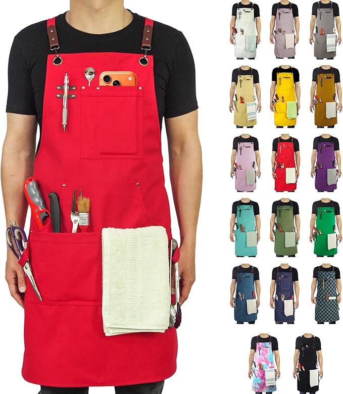 Kitchen Apron, Work Apron, Canvas, Multiple Pockets, Gardening, Painting, BBQ, Artist, Carpenter, Sizes M to XXL, Red