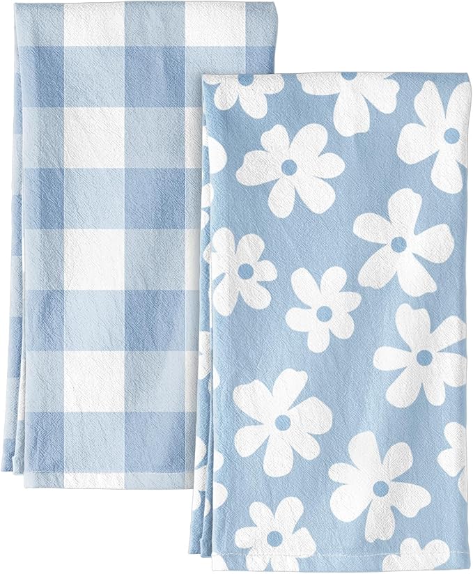 Miss Adola 2pcs Flour Sack Kitchen Towels - 18"x 26" Cotton Kitchen Hand Towels with Hanging Loop Reusable Geometric Blue Velvet Farmhouse Plaid Tea Towel Absorbent Dishcloths Home Decor, Blue Daisy