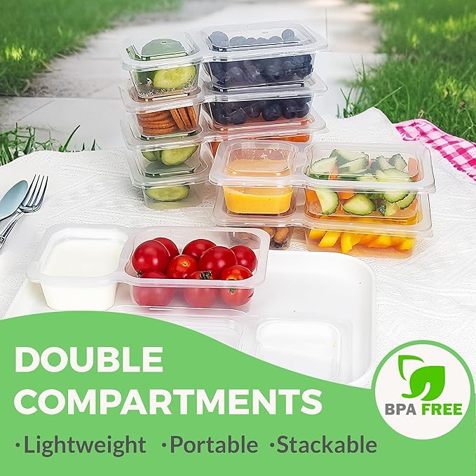 MACTANO Reusable Snack Containers with Lids, 9 oz Double Compartment Plastic Snack Pack Containers Portion Control Meal Prep Snack Boxes BPA Free 10 Sets for Work Travel School