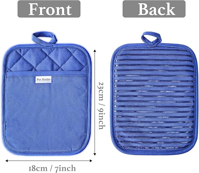 Kitchen Everyday Basic Pot Holder Heat Resistant Coaster Soft Silicone Water Resistant Pot Holder Set Oven Mitts with Pocket, 2 Piece Set, 7"x9" Dark Blue
