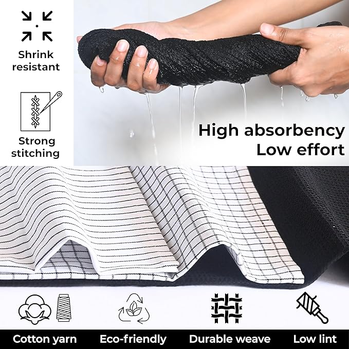 Highly Absorbent Cotton Kitchen Towels for Drying Dishes - Set of 6 Dish Towels - Narrow Black Stripes Plaid Waffle Dishtowels - 18"X28" Large Lint Free Linen Tea Hand Bulk T Towls