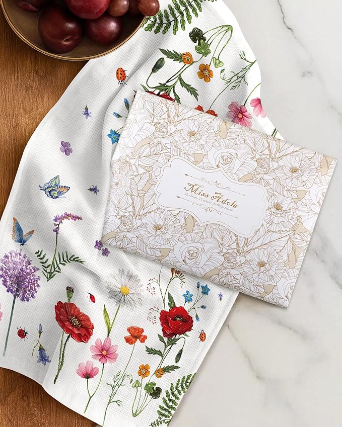 Miss Adola 2pcs Waffle Kitchen Towels - 16x26 Inch Cotton Waffle Weave Dish Cloths Set of 2 with Hanging Loop Absorbent Hand Tea Towels Elegant Design for Housewarming Gift, Wildflower